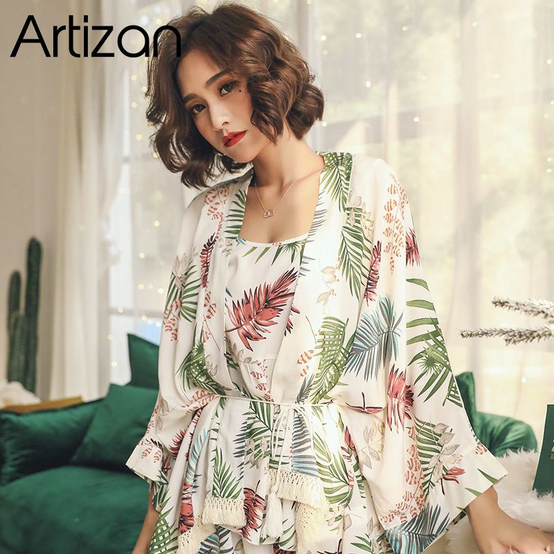 Ropa de dormir para mujer Artizan algodón conjuntos elegantes 3 unids pijamas floral vestido de vestir Ropa de dormir para mujer Artizan algodón conjuntos elegantes 3 unids pijamas floral vestido de vestir