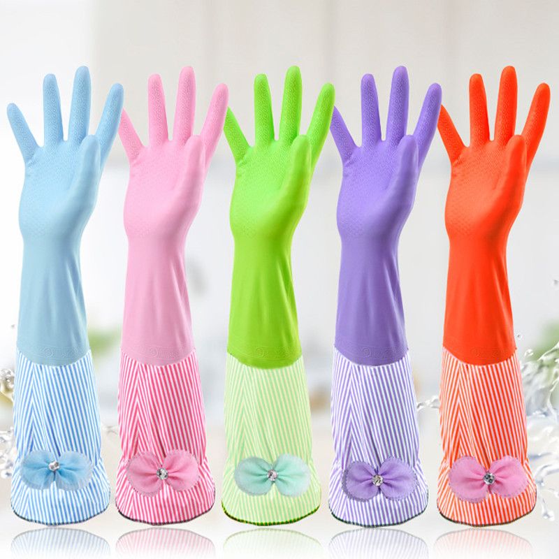 / Fashionable Long Sleeve Cleaning Gloves With Bow Velvet Lining
