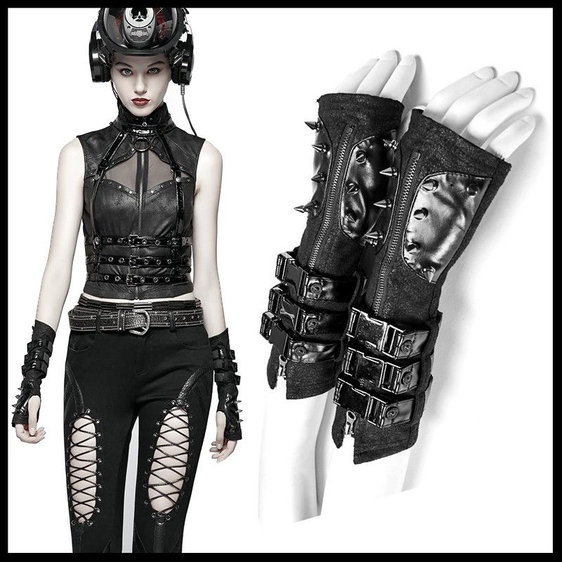 black leather fingerless gloves women