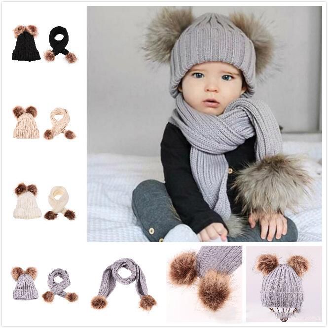 Gris gorro y bufanda bebe conjunto de bufanda de sombreros de punto de invierno gorra con pelota hecha punto niños niñas collar pañuelos 