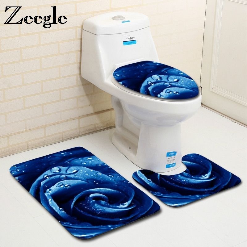3Pcs Absorbent Bathroom Non-Slip Pedestal Rug+Toilet Lid Cover+Bath Mat Carpet