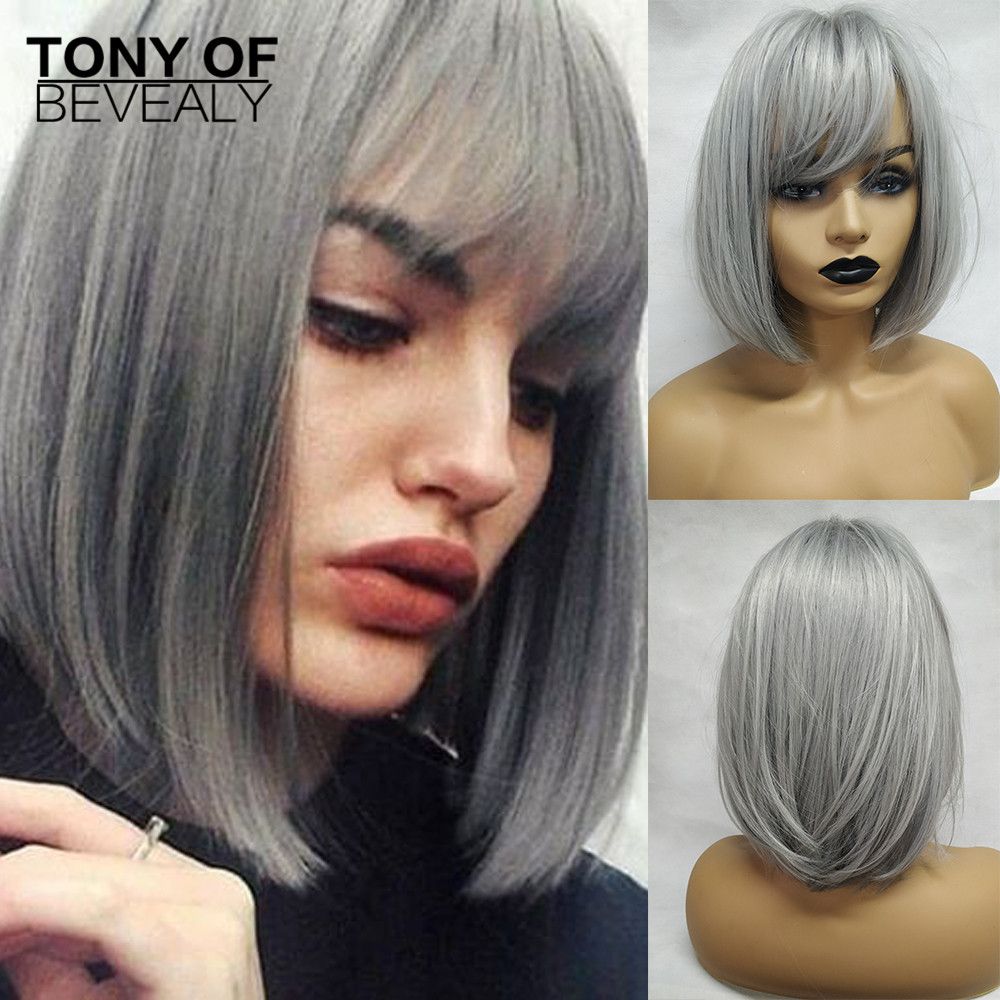 Short Straight Bob Hairstyle Hair Wigs With Bangs Heat Resistant Synthetic Wigs For Women Silver Gray Cosplay Natural Wholesale Synthetic Wigs Wig