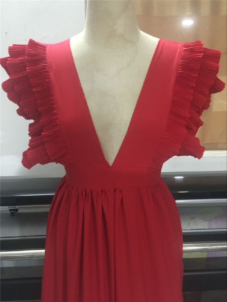 plunge layered ruffles detail ruched maxi dress