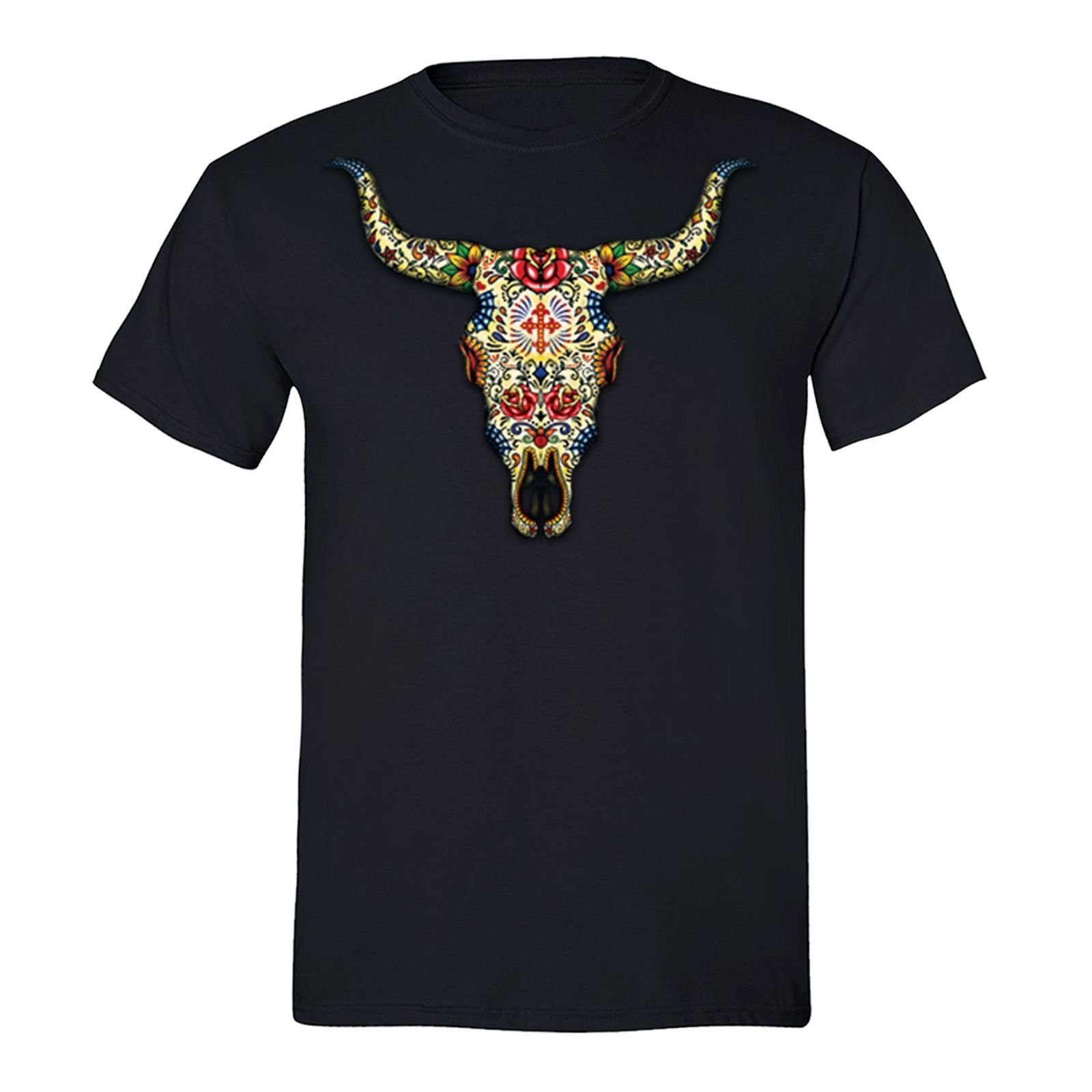 Compre Hombres Búfalo Vaca Cráneo De Azúcar Día De Los Muertos Cruz Flores  Camiseta Con Cuello Redondo Camisetas De Marca Pantalones Vaqueros Imprimir  A 15,48 € Del Shirtcup | Es.Dhgate.Com