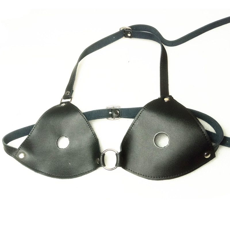Nipple Free Sexy Bra Neck-hanging Genuine Leather Kinky Play Costumes for Wife Black Sex Toys BX1051-xlf photo