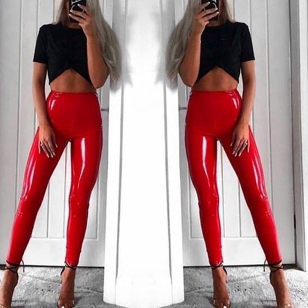 red high waisted faux leather pants