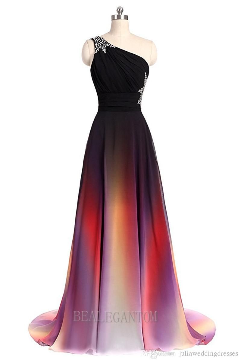 One Shoulder Ombre Chiffon Prom Dresses With Flowy Skirt Floor Length