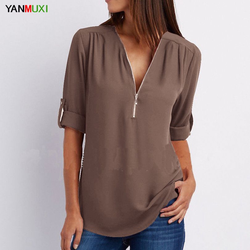 Gasa Más El Tamaño Para Mujer Casual Con Cuello En V Cremallera Túnica Tops