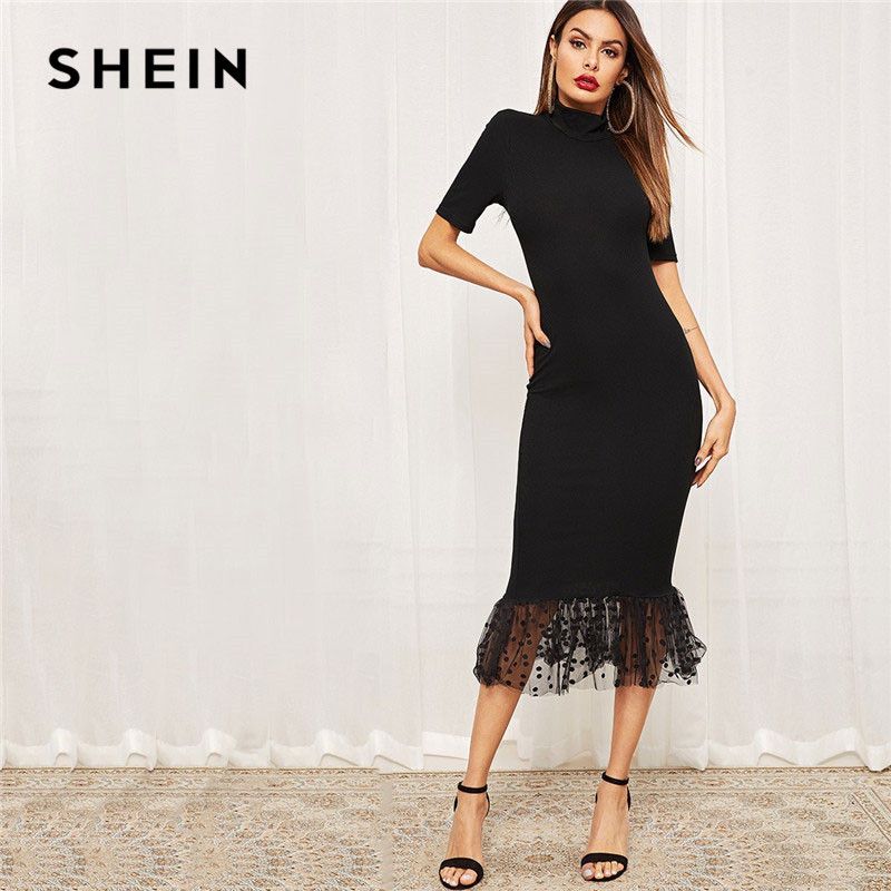 Compra Shein Negro Elegante Guarnición De La Forma De Los Vestidos De Punto  De Malla Hem Vestido A Media Pierna Ajustado De Las Mujeres Del Verano  Elástico Del Collar Del Soporte De
