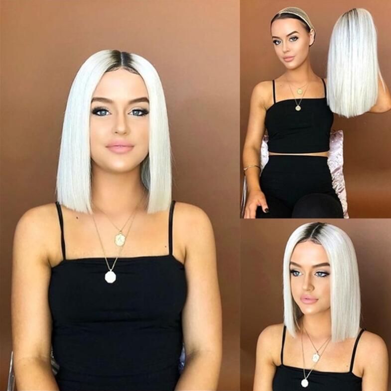 Women S Wigs Dyed Bobo Head Short Hair Ombre White Straight Middle