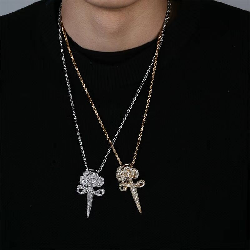 Iced Out Rose Pendant Necklace For Men 
