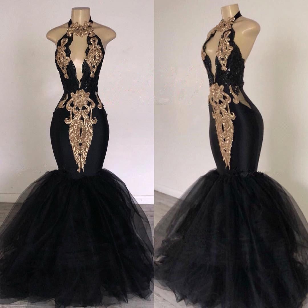 2019 Sexy Black Halter Tulle Mermaid Long Prom Dresses Keyhole