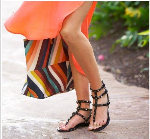 Zapatos Mujer Color Remaches Gladiador Spikiy Sandalias planas Piedras Studded Flip Big Tamaño Diseñador Zapatos