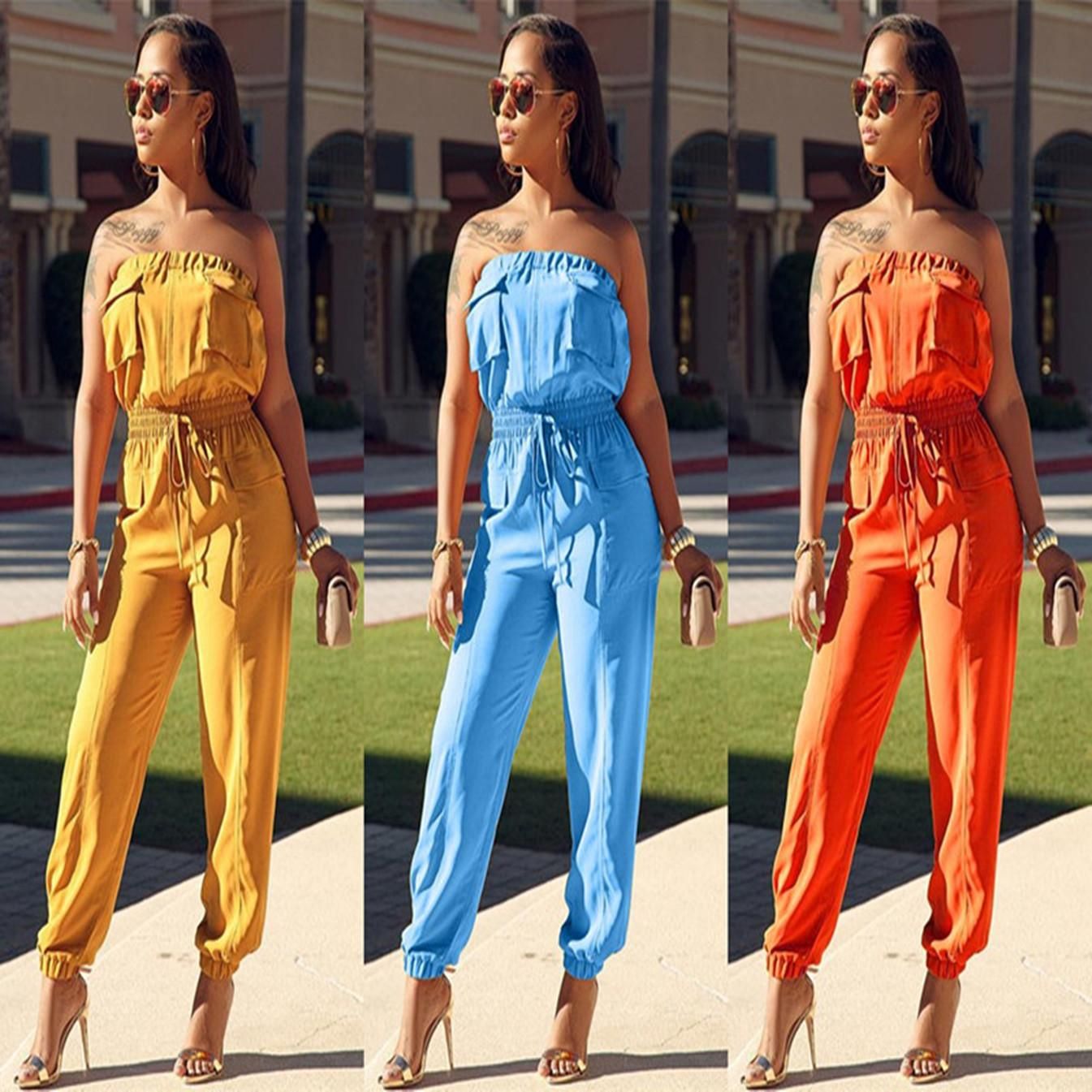 2019 Summer Sleeveless Casual Drawstring Jumpsuit Women Strapless