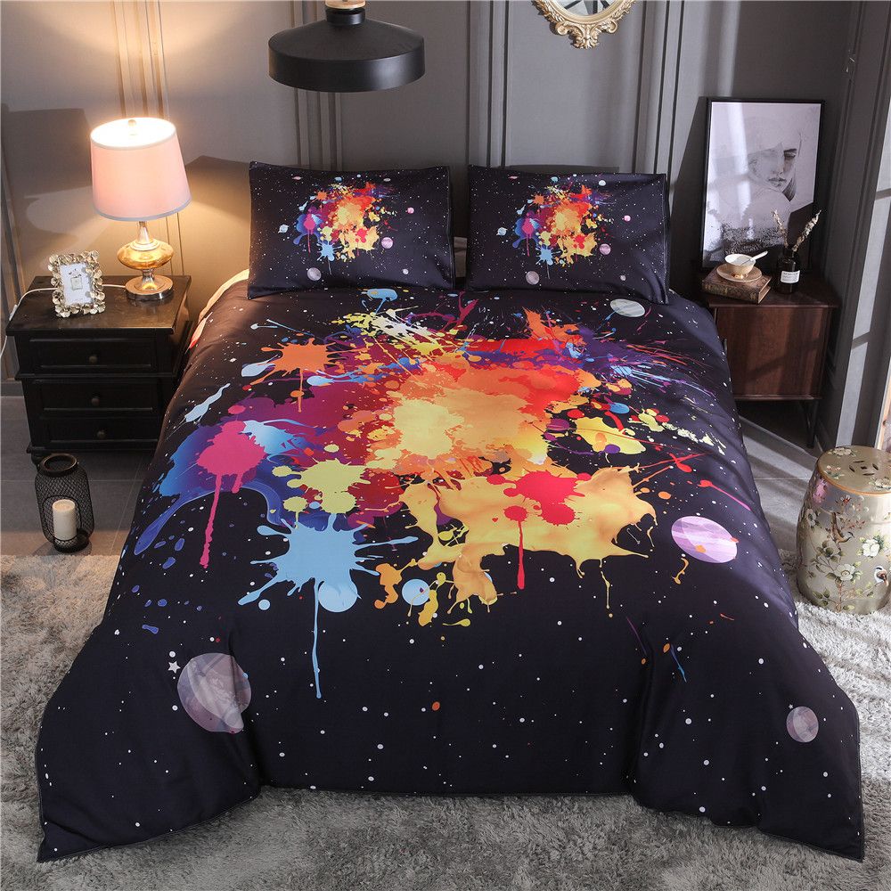 Watercolor Splash Ink Planet Bedding Set Black Color Duvet Cover