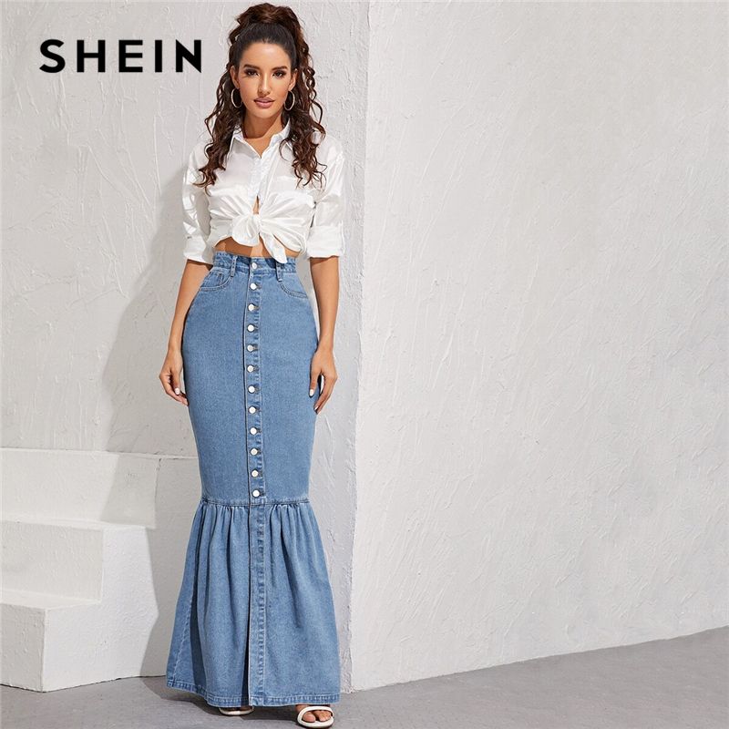 Acquistare Partito A Vita Alta Button Shein Blue Front Fishtail Del Denim  Del Bordo Maxi Gonna Autunno Delle Donne Di Tasca Sottile Casuale  Equipaggiata Mermaid Gonne CX200605 Economico | Consegna Veloce E