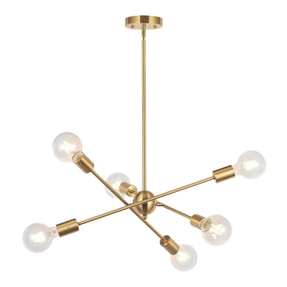 Modern Sputnik Chandelier Lighting 6 Lights Brushed Brass Chandelier Mid Century Pendant Lighting Gold Ceiling Light Fixture For Hallway Bar Ceiling