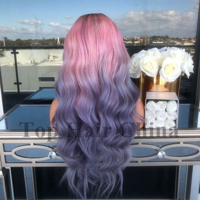 Long Body Wave Ombre Pink Purple Wigs Glueless Full Wig China Hair