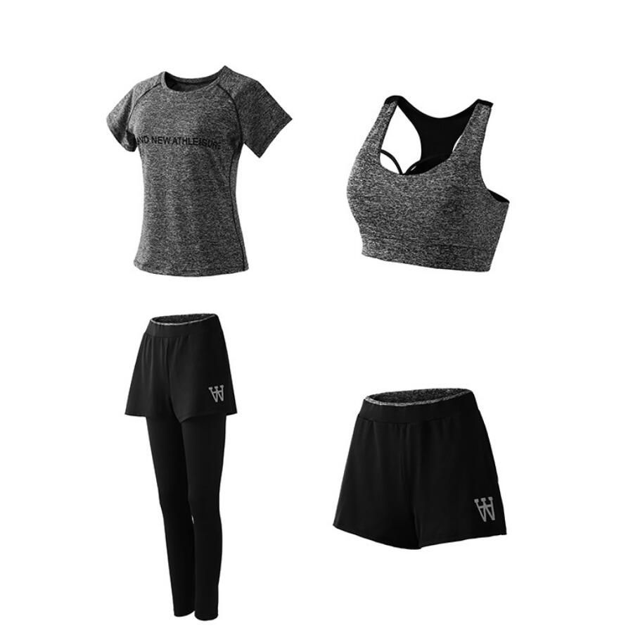 4 unids / set Damas Gimnasia Ropa Deportiva Ropa de Atletismo Conjunto de Ejercicios de Deportes al Aire Libre Sujetador + + Pantalones Cortos + Camisa Traje de Ejercicio Ropa Deportiva de Secado rápido