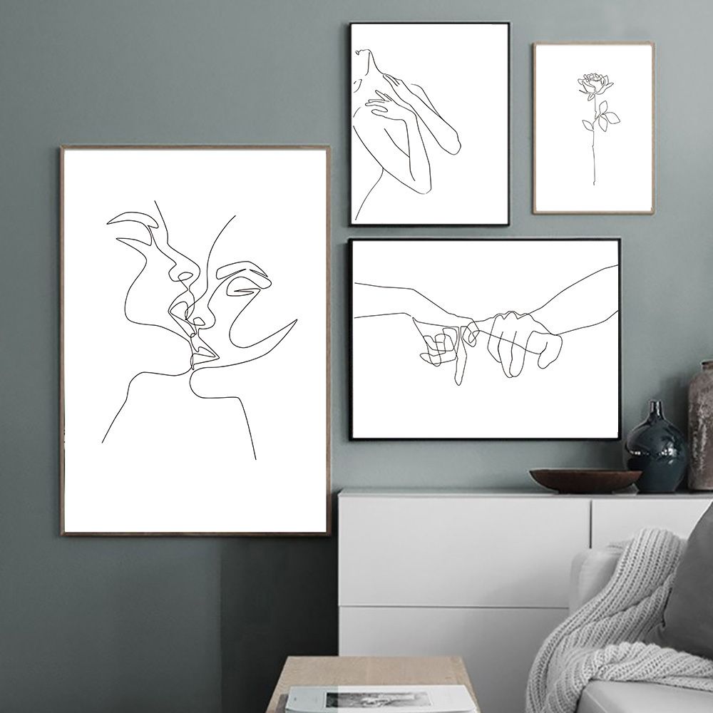 Abstracto línea dibujo pared arte cartel mano beso lienzo pintura parejas  cartel señora cuerpo imagen minimalista