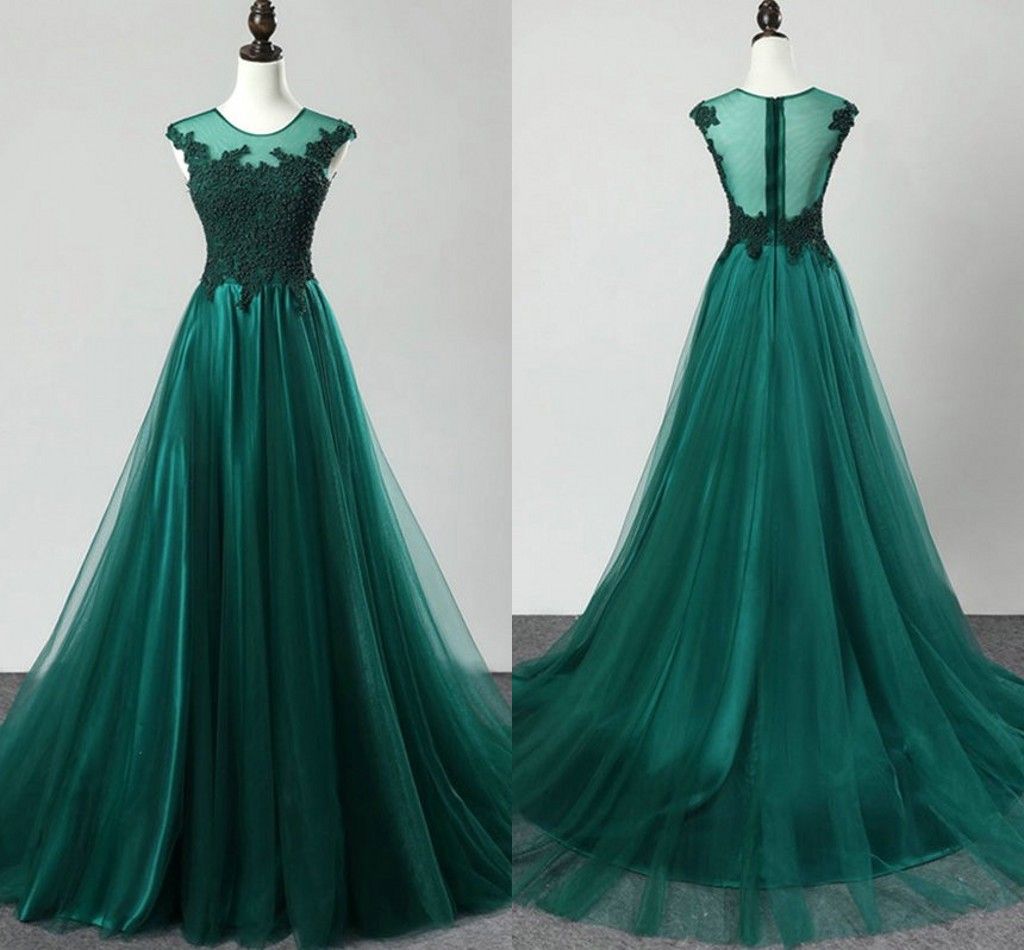 Emerald Green Empire Waist Evening Formal Dresses Cheap 2019 Lace Sheer ...