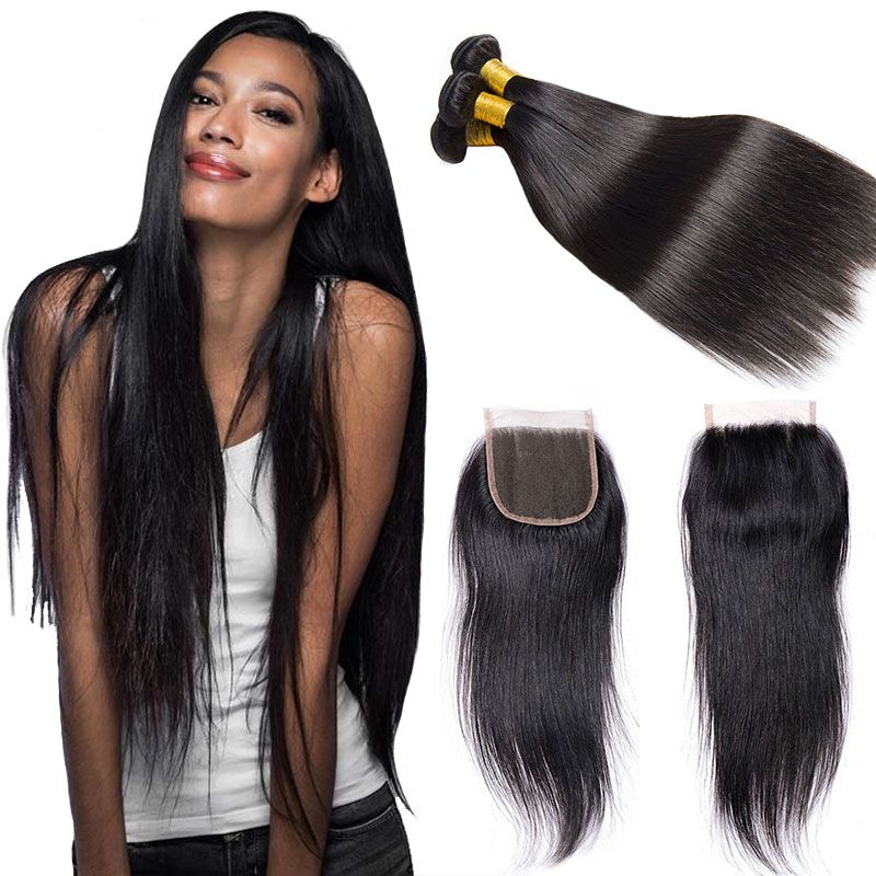 2019 Straight Virgin Hair Weaves 4 Bundles With Lace Closure 7a