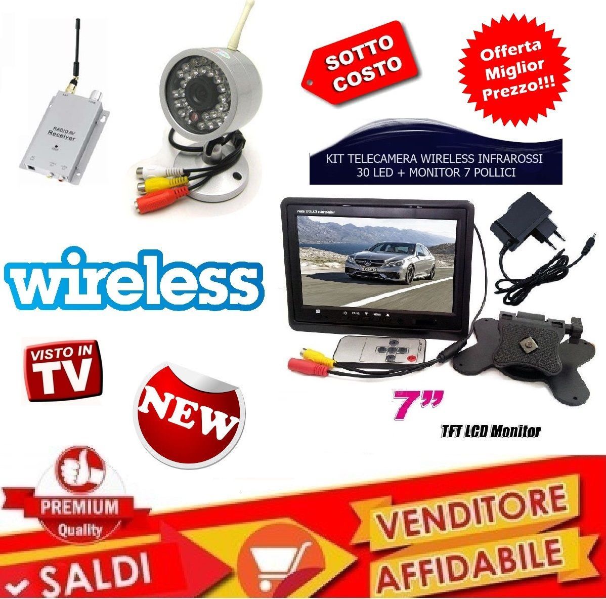 ALIMENTATORI KIT VIDEOSORVEGLIANZA TELECAMERA WIRELESS INFRAROSSI+RICEVITORE