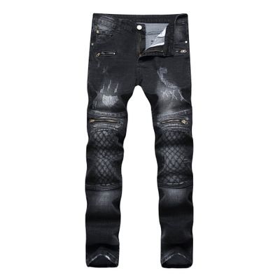 Black Mens Stylish Slim Straight Jeans Regualr Fit Washed Denim Jeans with Multi-Zipper Decor Size 34