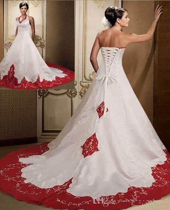 Excelentes vestidos de novia de color rojo oscuro y blanco 2019 Halter mangas por encargo