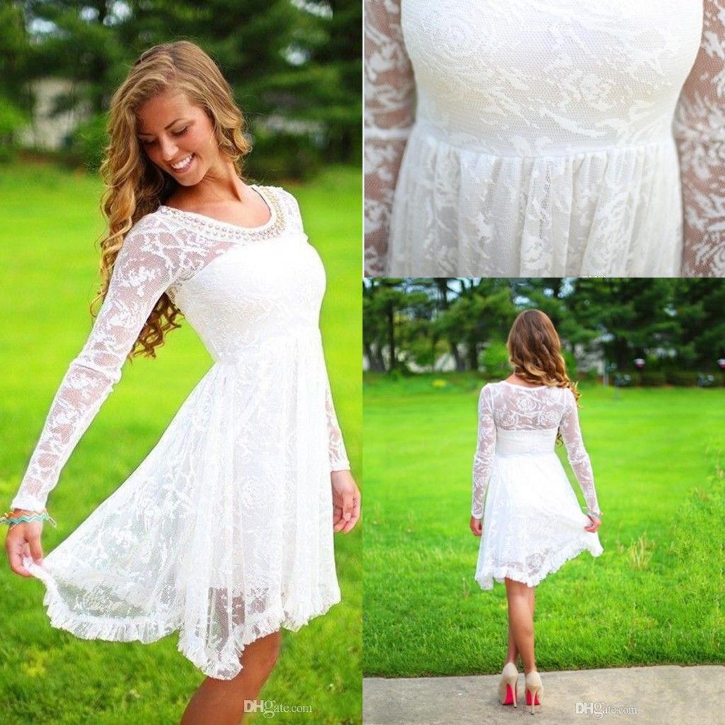 white lace long sleeve knee length dress