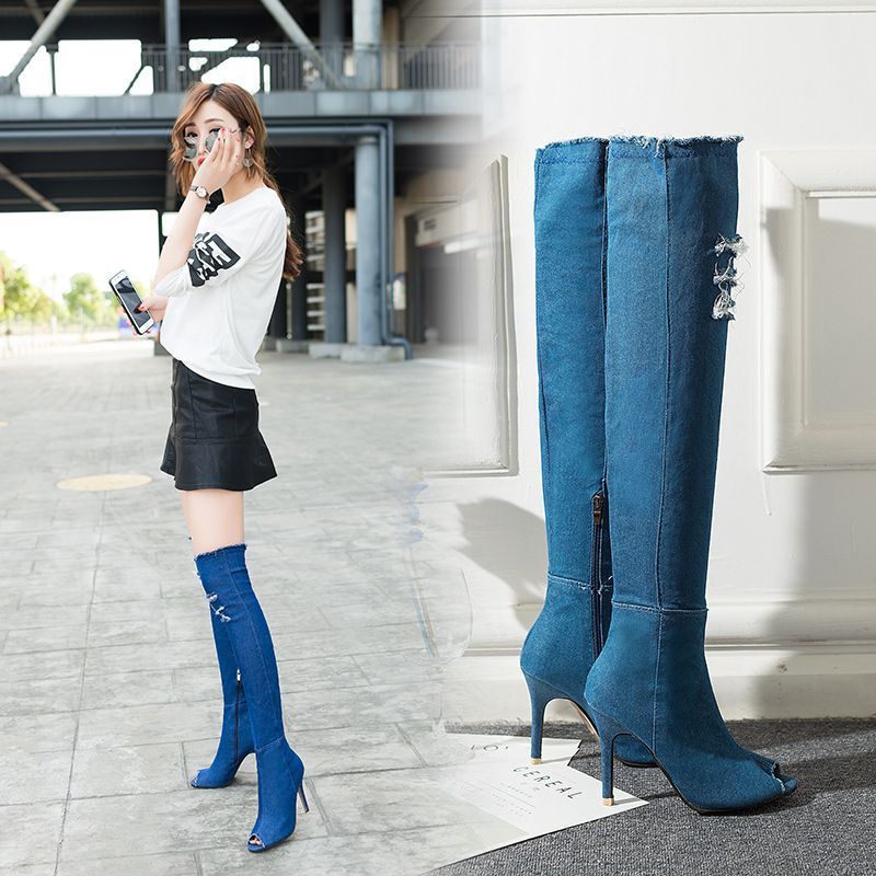 Botas Sexis para Mujer Botas Altas Estilo Jeans Botas de Punta Abierta  Vaquero laservisionthai Velvet Boots for Women Women's Boots