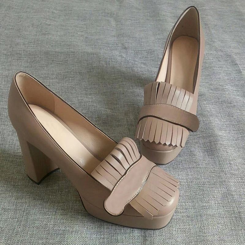 leather platform pump with fringe