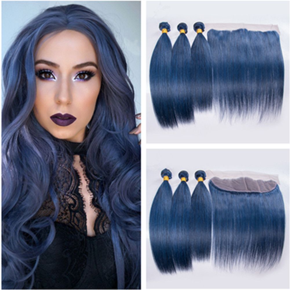 Hedendaags 2020 Pure Blue Peruvian Human Hair 3Bundles With Frontal Closure DI-16