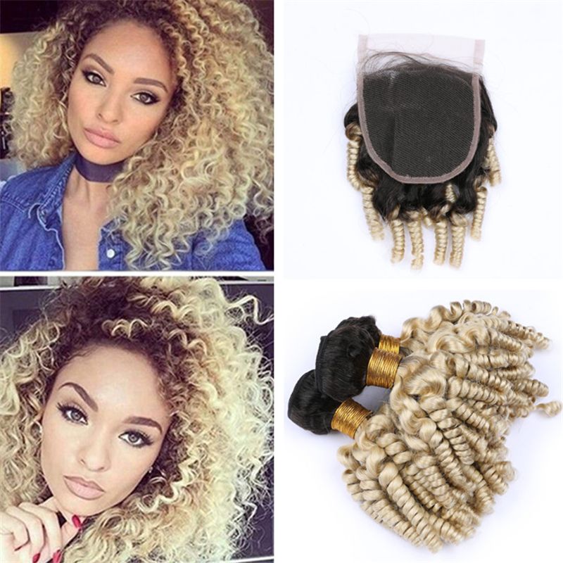 2019 Ombre Blonde Curly Human Hair Bundles With Closure 1b 613