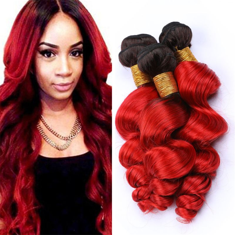 Dark Roots Bright Red Ombre Loose Wave Human Hair Weave Bundles 2