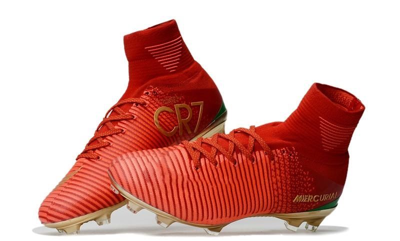Oro rojo 100% original de fútbol zapatos de Cristiano Ronaldo hombres Mercurial Superfly FG Botas de fútbol zapatillas de deporte la mejor calidad Tacos de fútbol