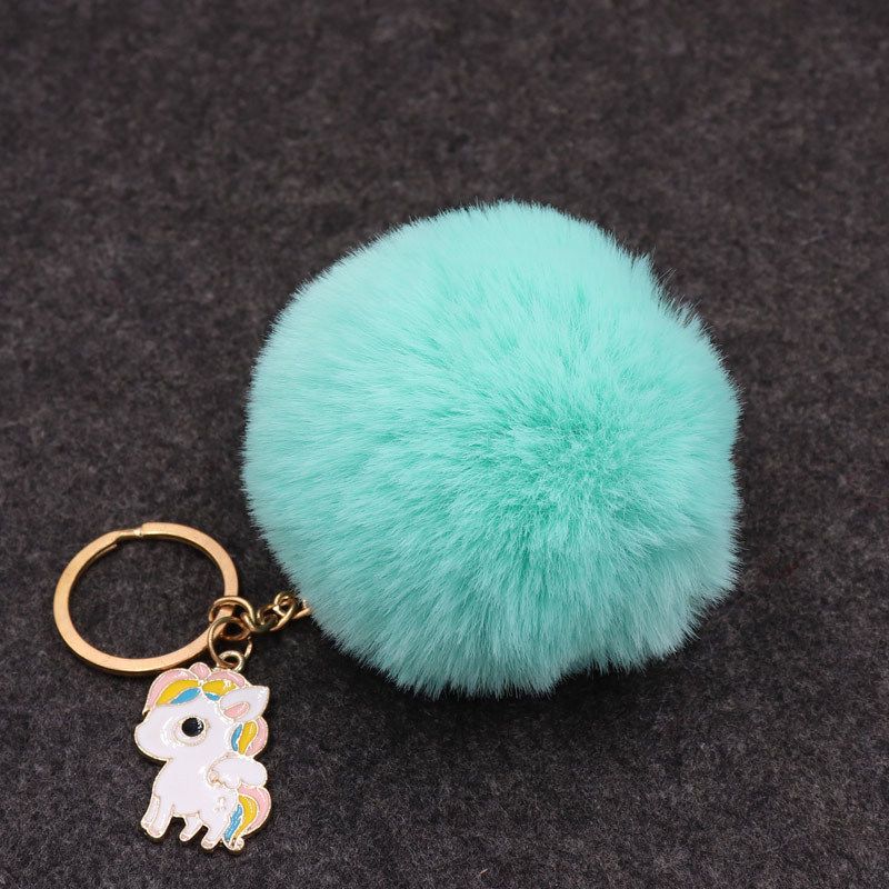 Cute Unicorn Keyring Keychain Fluffy Ball PomPom Handbag Key Chain Pendant Decor