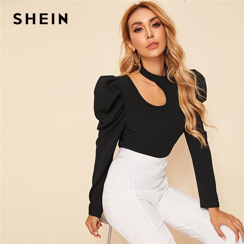 Compra Blusas De Mujer Camisetas SheIn Black Stand Soporte Cuello Cortado Blusa  Elegante Mujeres Top 2021 Otoño Pierna De Mutton Botón De Manga De Mutton  Forma F Forma F Barato | Entrega