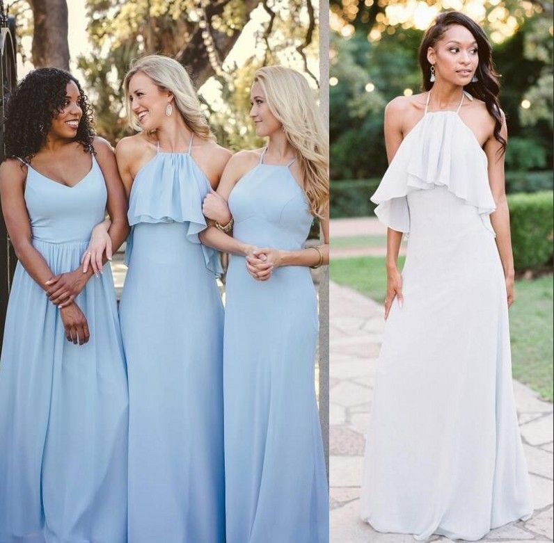 Light Sky Blue Sheath Chiffon Long Bridesmaid Dresses 2019 Straps