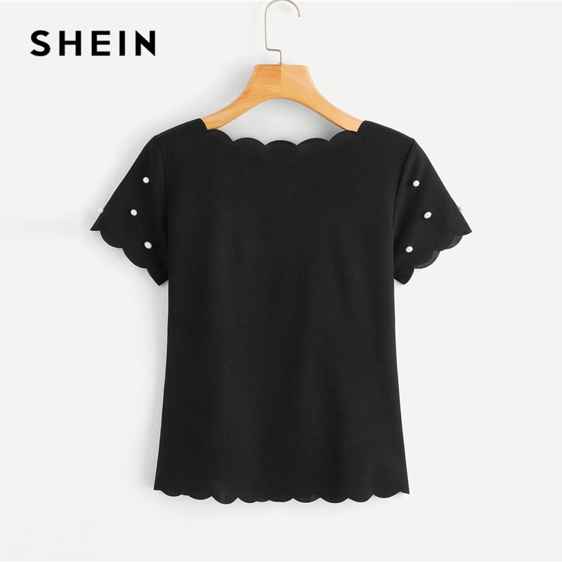Camisetas de las para mujer SheIn Scallop Trim Pearls Top con cuentas 2021 Sólido