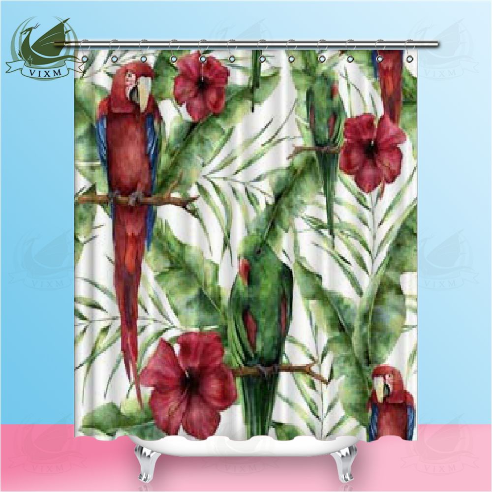 Watercolor Parrots Tropical Leaves Shower Curtains Bathroom Waterproof Polyester