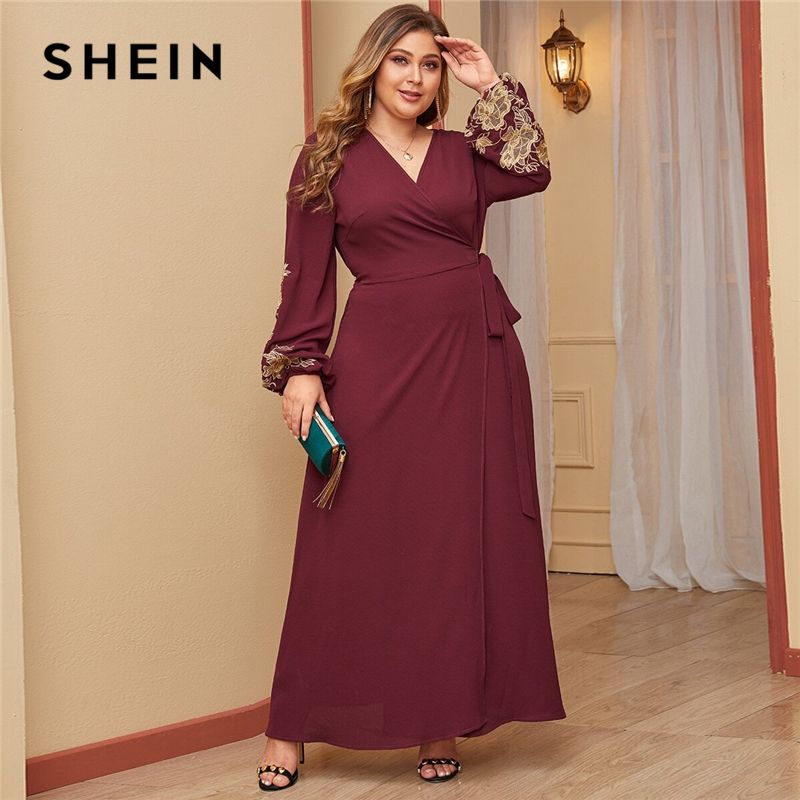 implicitte Måling mm SHEIN Plus Size Burgundy Embroidered Floral Wrap Belted Maxi Dress Women  Bishop Sleeve V Neck A Line Elegant Dresses From Fashionoutfit, $27.18 |  DHgate.Com