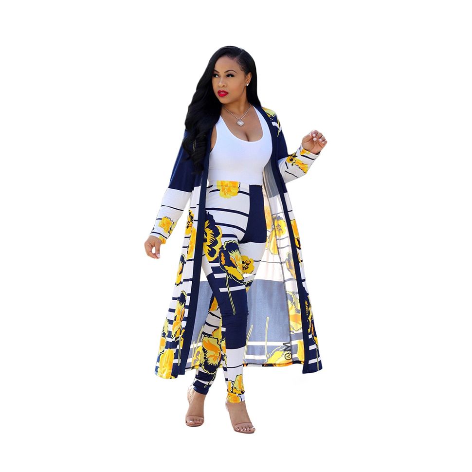 Womens Floral Print Long Sleeve Cardigan Cover up Long Pants 2 Piece Outfits Set