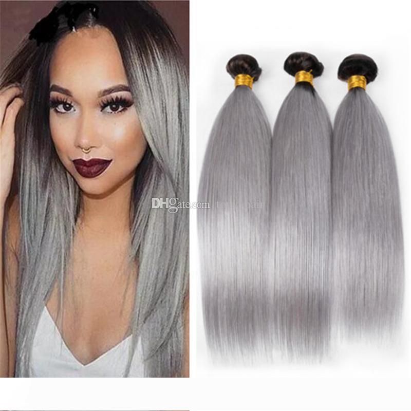 Dark Roots Silver Grey Ombre Hair 3 Bundles 1B Grey Indian Straight Human  Hair Weaves 3Pcs Gray Ombre Hair Extensions