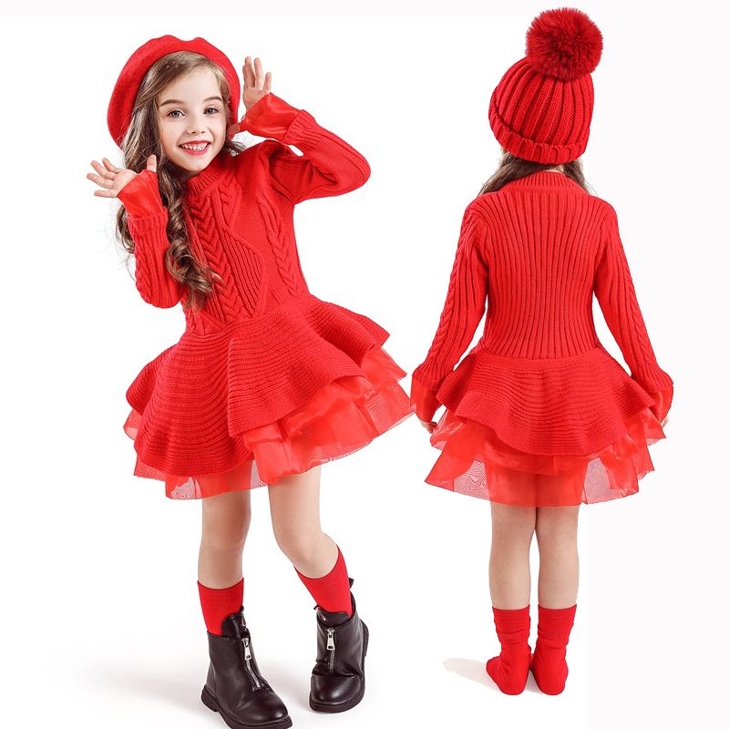 2022 Nuevos De Navidad Para Niñas Invierno Manga Larga Suéter De Punto Cálido Princesa Vestido De Fiesta Rojo Para Shopee México |