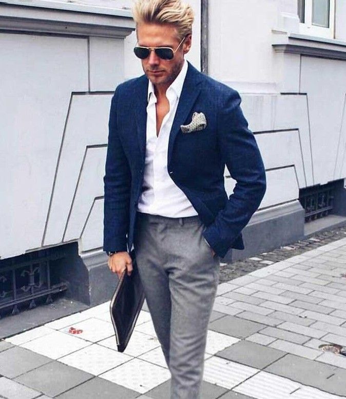 grey slacks blue jacket