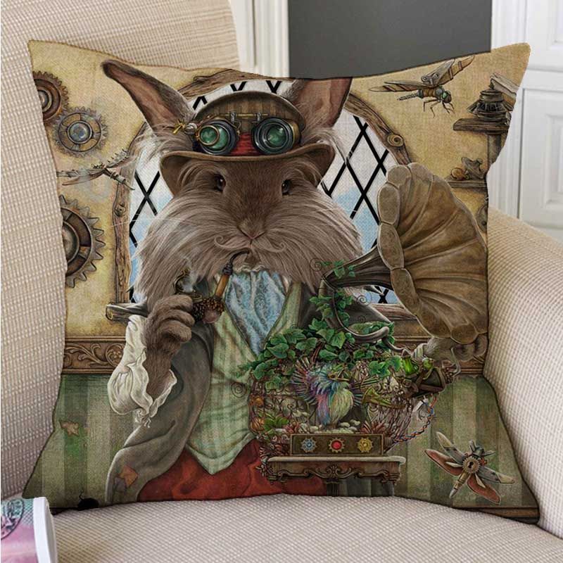 Lovely Fair Tale Alice In Wonderland Cushion Cover Bunny Cat Hamster Owl Fox Art Drawing Linen Pillow Case Sofa Chair Bedroom Decor Patio Cushions On