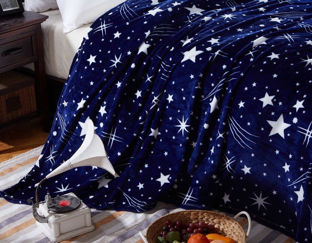 Azul, 150x200cm i-baby Manta Franela Grande para Adulto Cama Sofá Manta de Fina Lana l Estampado Decorativo de Estrella de Terciopelo Super Suave