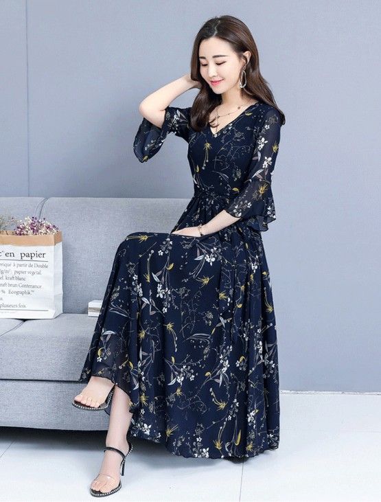 4 colores Cuello en V Manga Larga Vestidos largos Swing Chiffon Tamaño grande Últimas