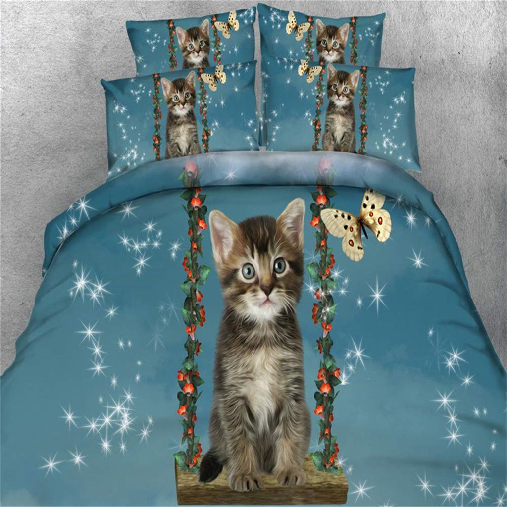 3d Swing Cat Print Duvet Cover With Pillowcase Galaxy Butterfly